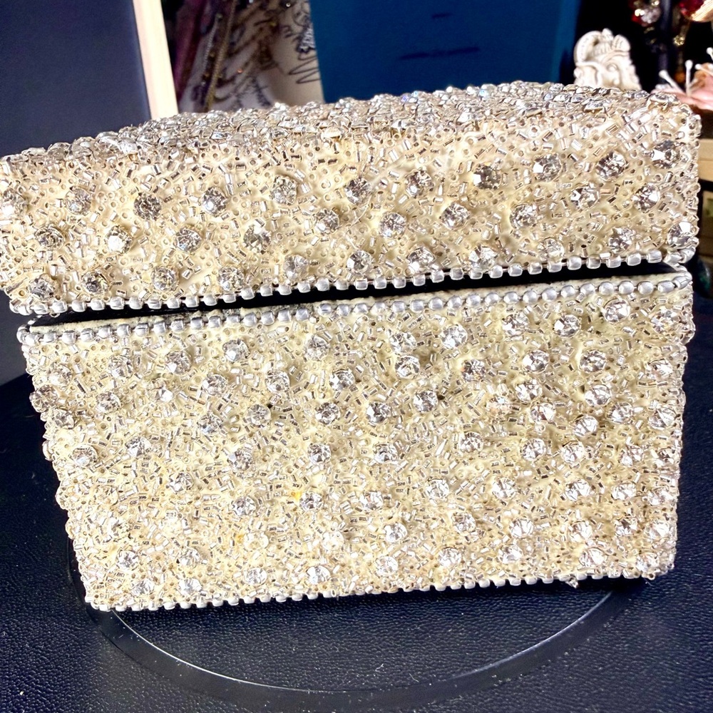 India Rhinestone & Bead Handmade Bling Trinket Box 4”x4” - Picture 4 of 6